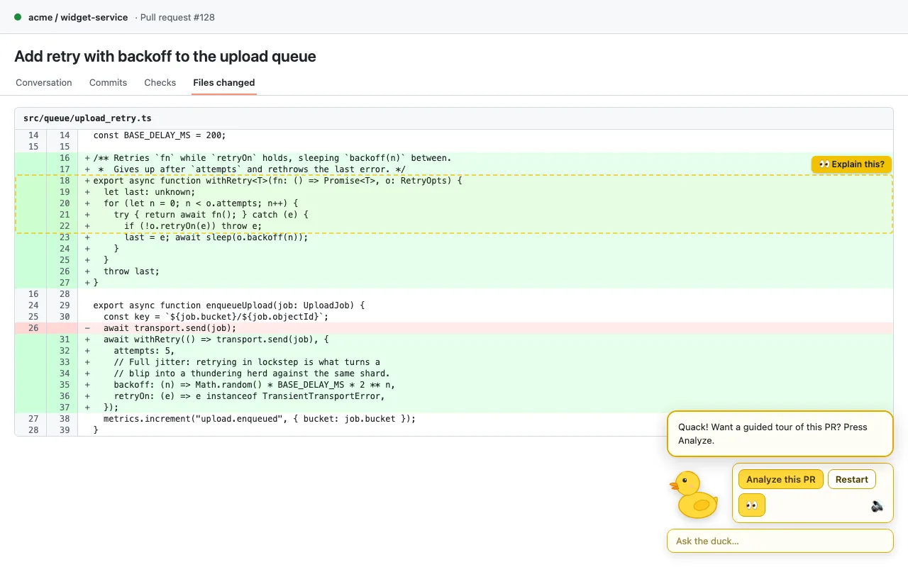A dashed outline around a block of code with an Explain this? button offering to describe it.
