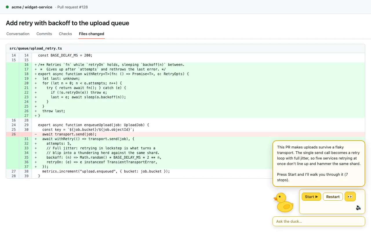A GitHub pull request with the duck overlay in the corner, summarising what the change does.
